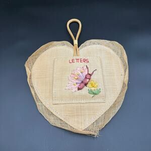 Vintage Heart Shaped Woven Straw Hanging Mail Organizer Butterfly Design